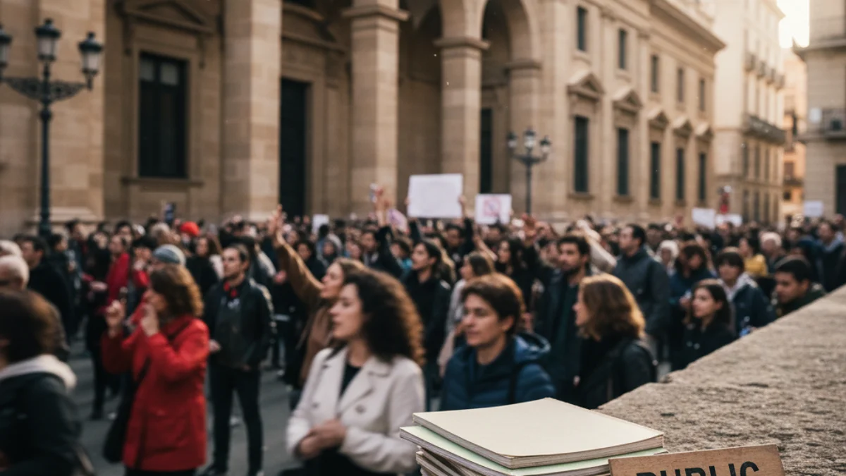 Generic image of a crowd gathered in front of a public building to demand educational improvements.