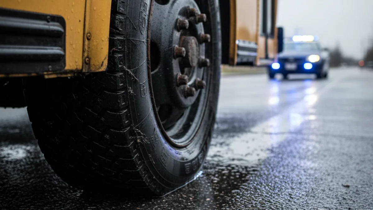 Imatge genèrica d'un pneumàtic desgastat d'un autobús escolar en una carretera.