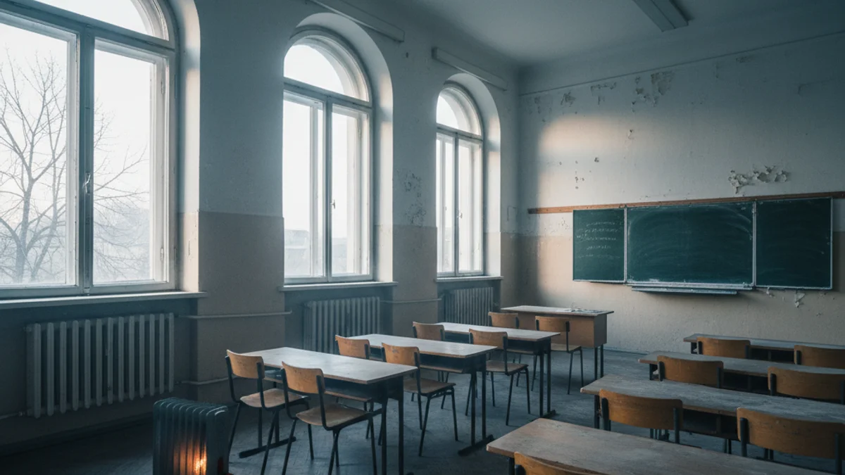 Generic image of an empty classroom with an old heating system.
