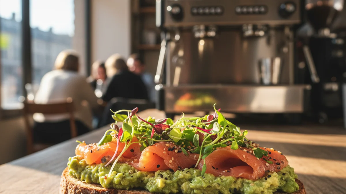 Imatge genèrica d'una torrada d'alvocat i salmó en un establiment de brunch modern.