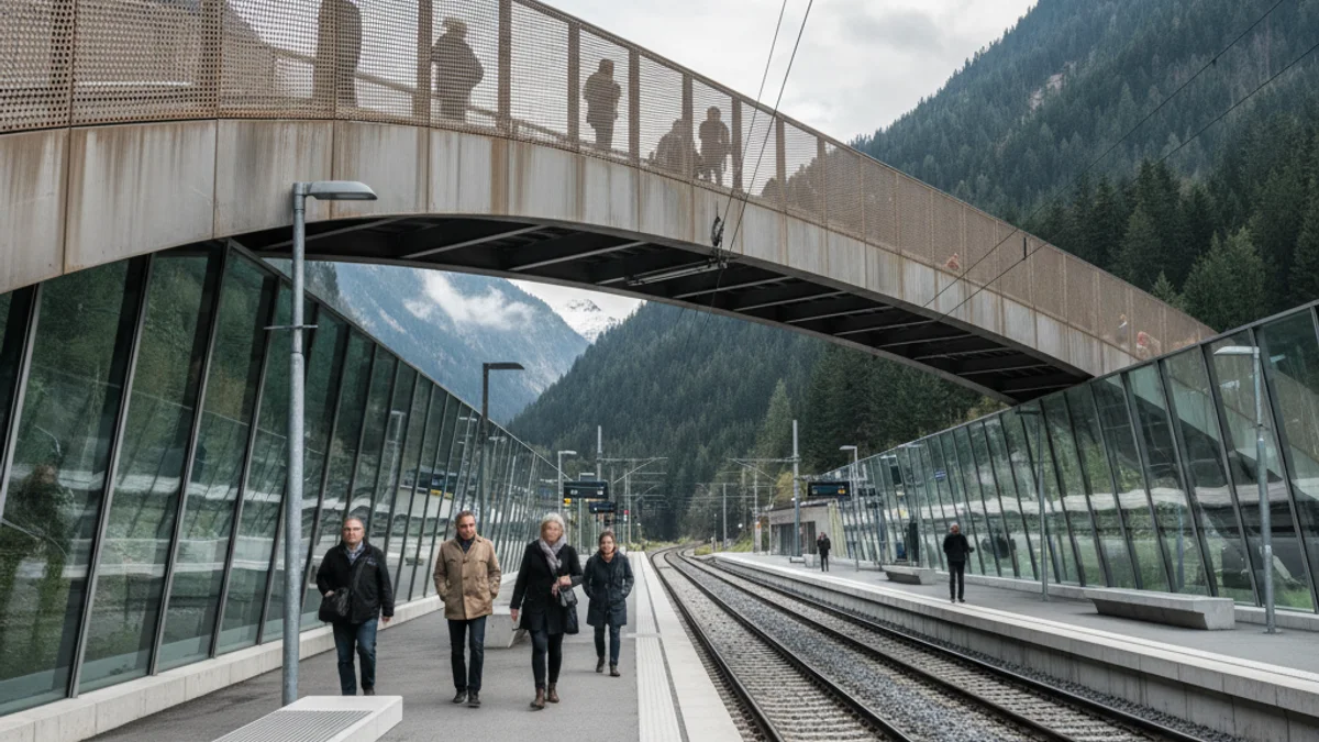 Imatge genèrica d'una passarel·la metàl·lica sobre una via de tren en un entorn rural.