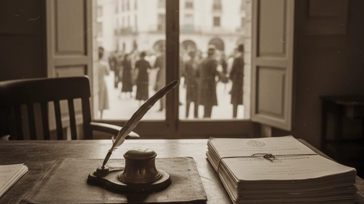 Imagen genérica de un despacho oficial de época con documentos y tintero sobre una mesa de madera.