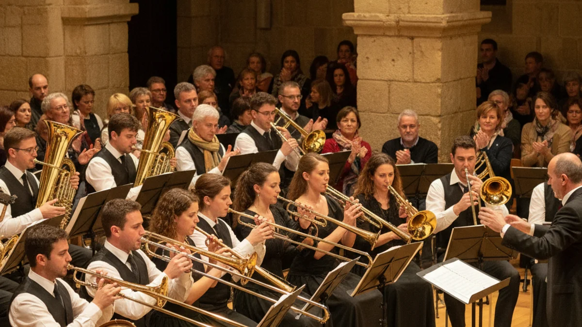 Imatge genèrica d'una cobla de sardanes interpretant música en un auditori.
