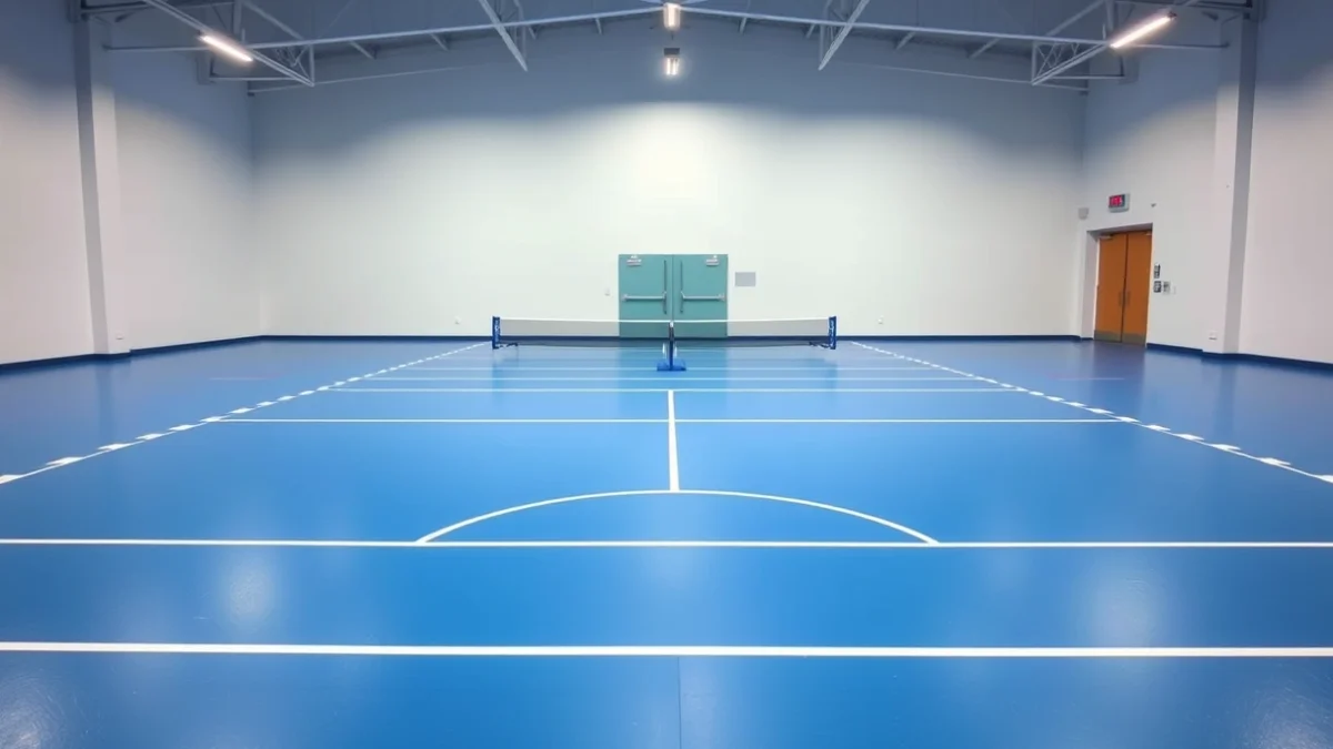 Generic image of a table tennis hall with synthetic flooring and professional lighting.