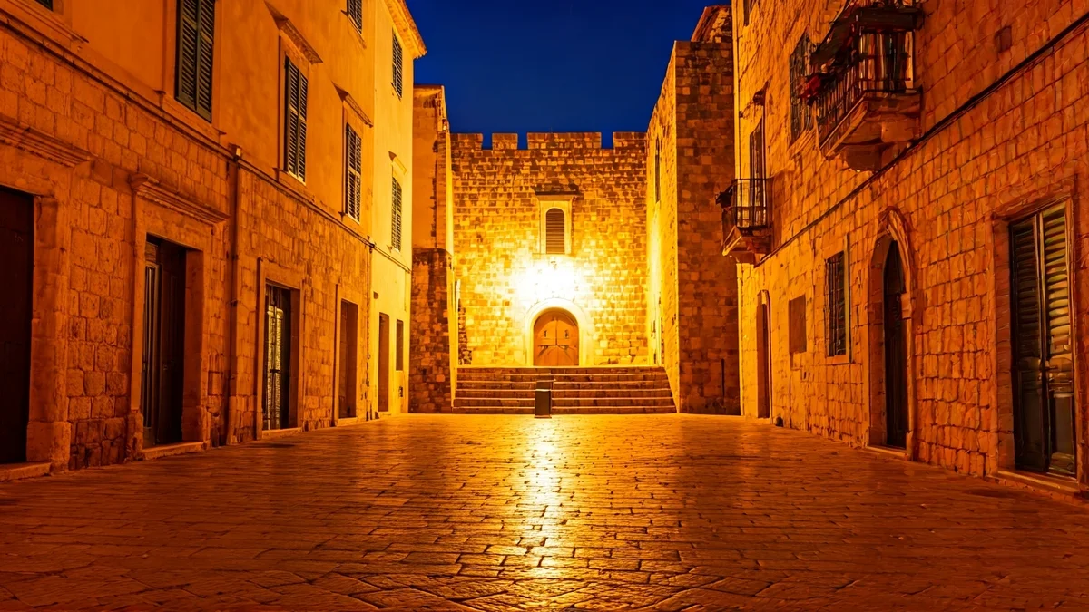 Imatge genèrica d'una plaça històrica amb arquitectura medieval i carrers estrets, il·luminada amb una llum càlida i misteriosa.