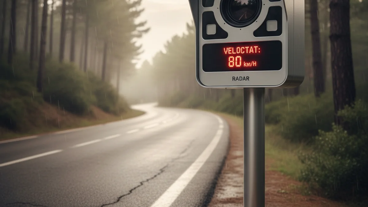 Imatge genèrica d'un radar de velocitat instal·lat al lateral d'una carretera.