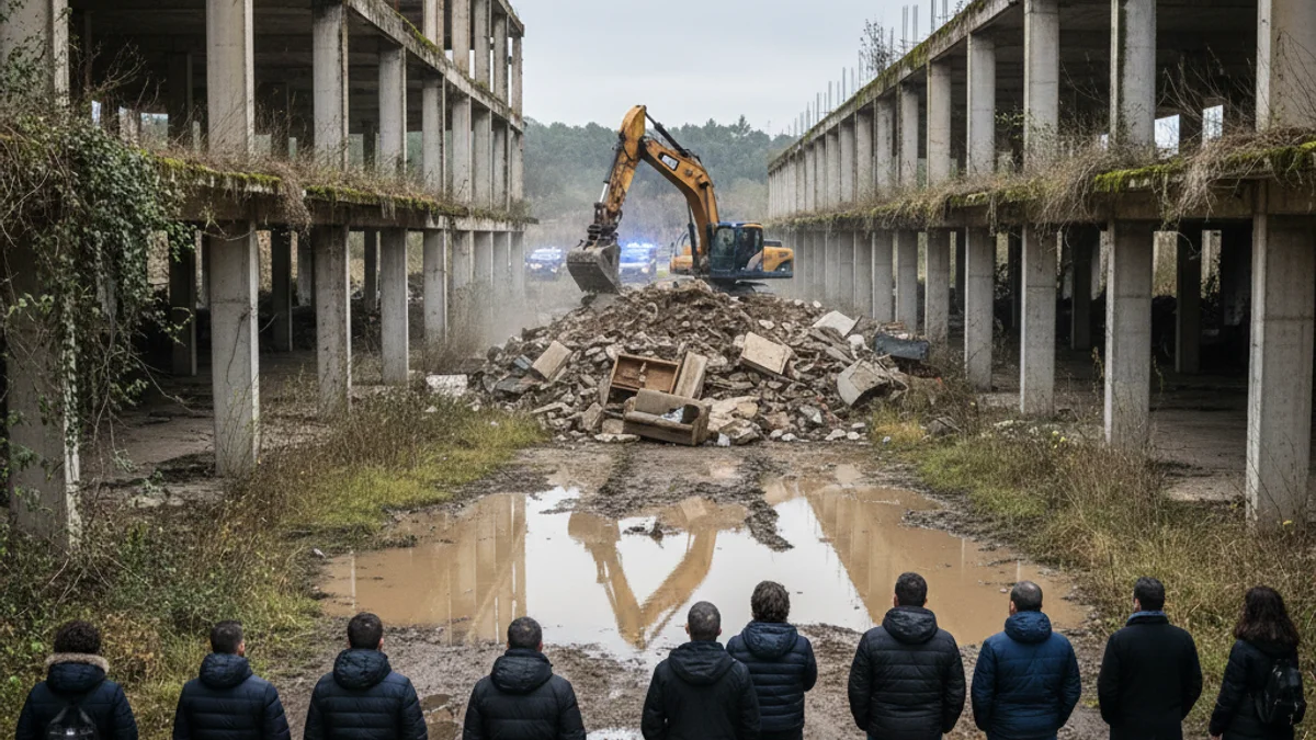 Imagen genérica de un edificio inacabado con restos de escombros y maquinaria de limpieza.
