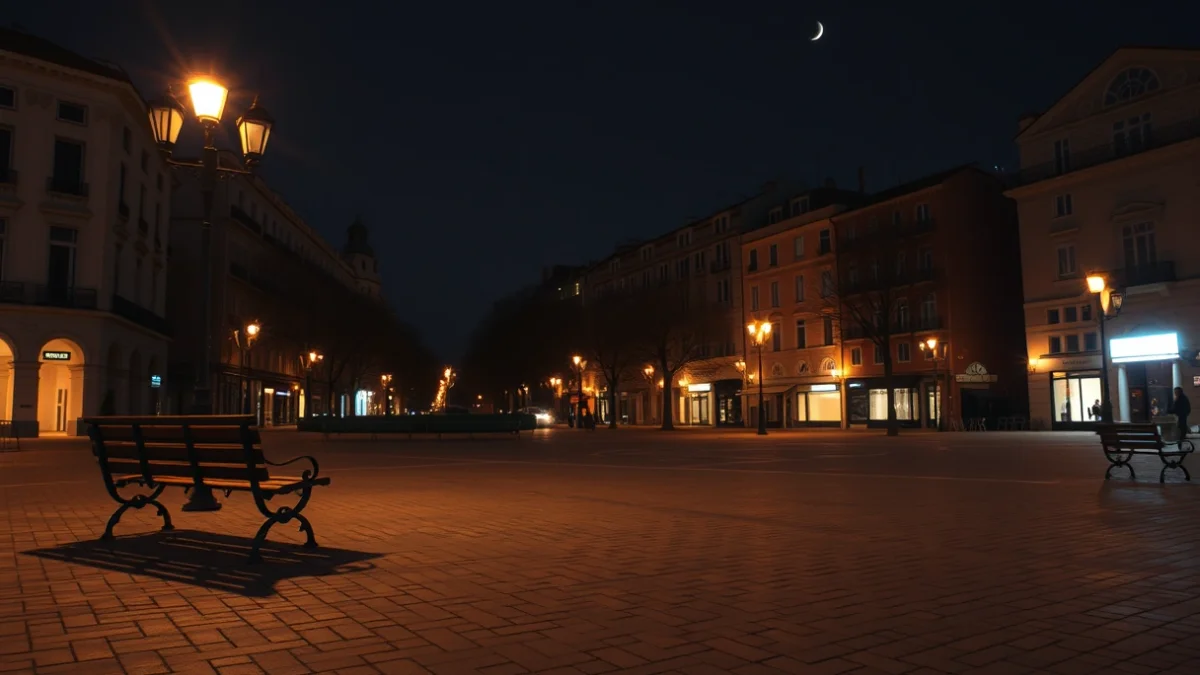 Imagen genérica de una plaza urbana iluminada por farolas durante la noche.