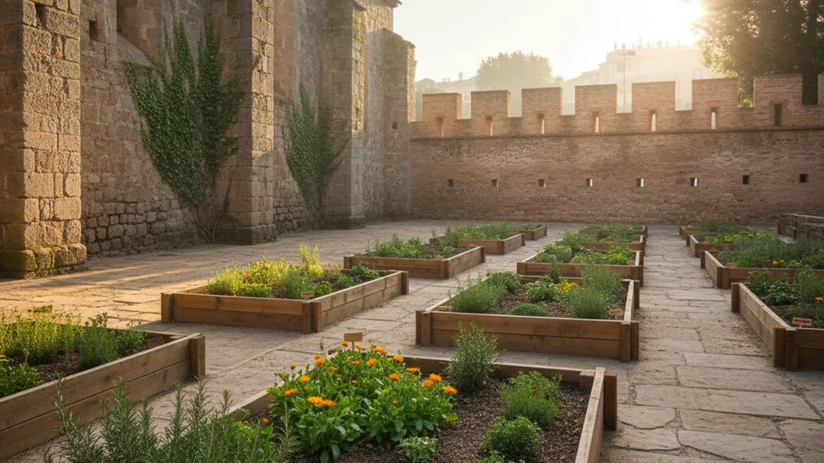 Imagen genérica de los jardines del Auditorio de los Capuchinos con nuevas plantaciones y la muralla histórica al fondo.