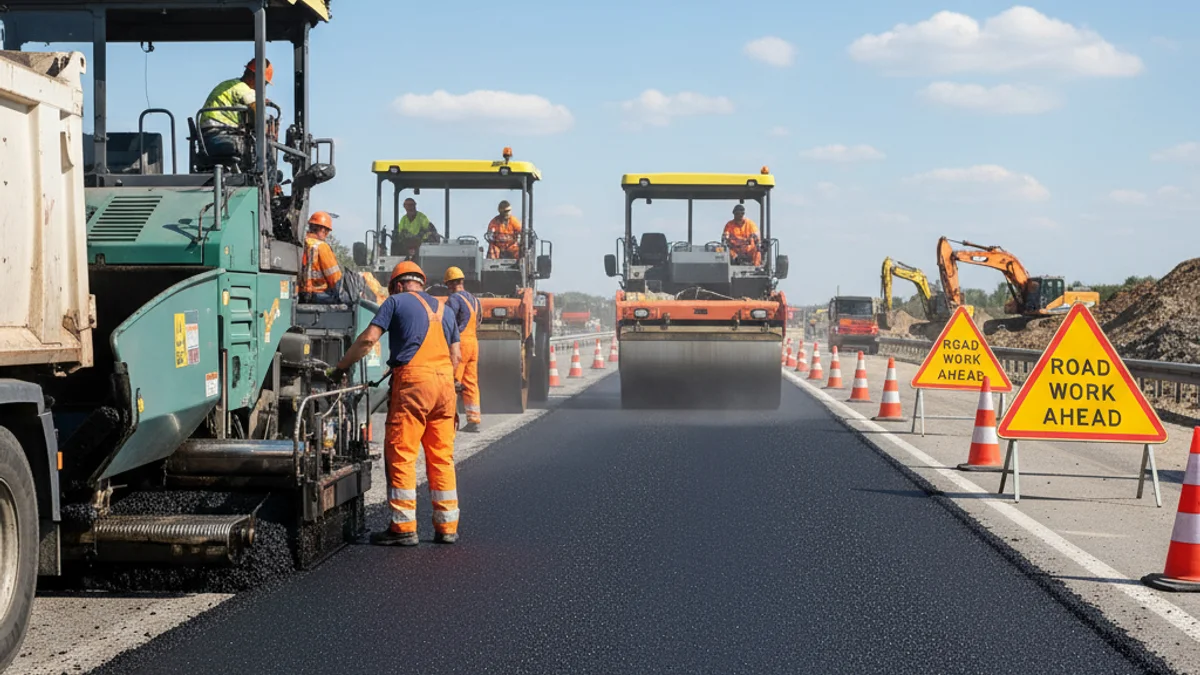 Imatge genèrica d'unes obres de pavimentació en una autovia amb maquinària pesant.