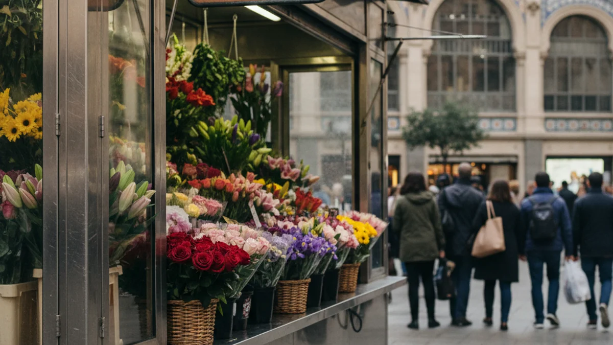 Generic image of a historic flower stall with a steel structure on the Rambla.