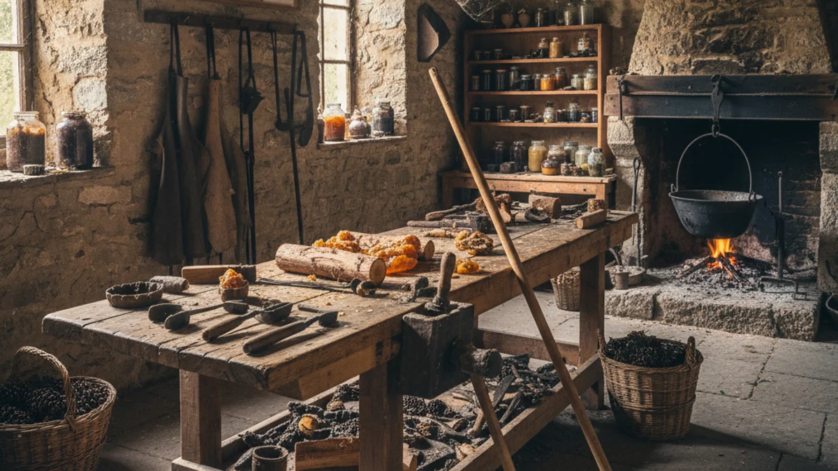 Imatge genèrica d'un taller artesà tradicional amb fusta de pi i eines antigues.
