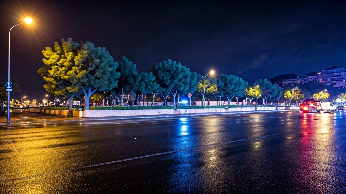Imagen genérica de luces de emergencia reflejándose sobre asfalto mojado en una noche de viento.