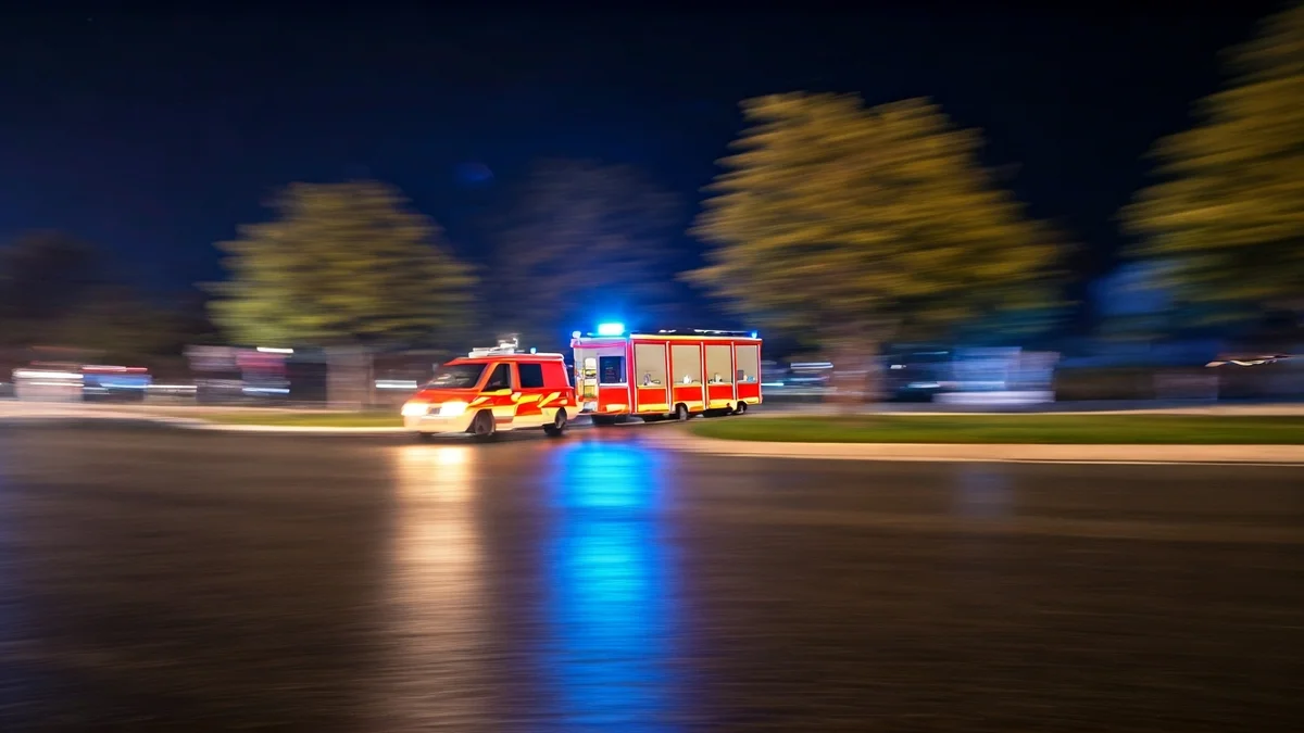 Imatge genèrica de llums d'emergència reflectint-se sobre asfalt mullat en una nit de vent.