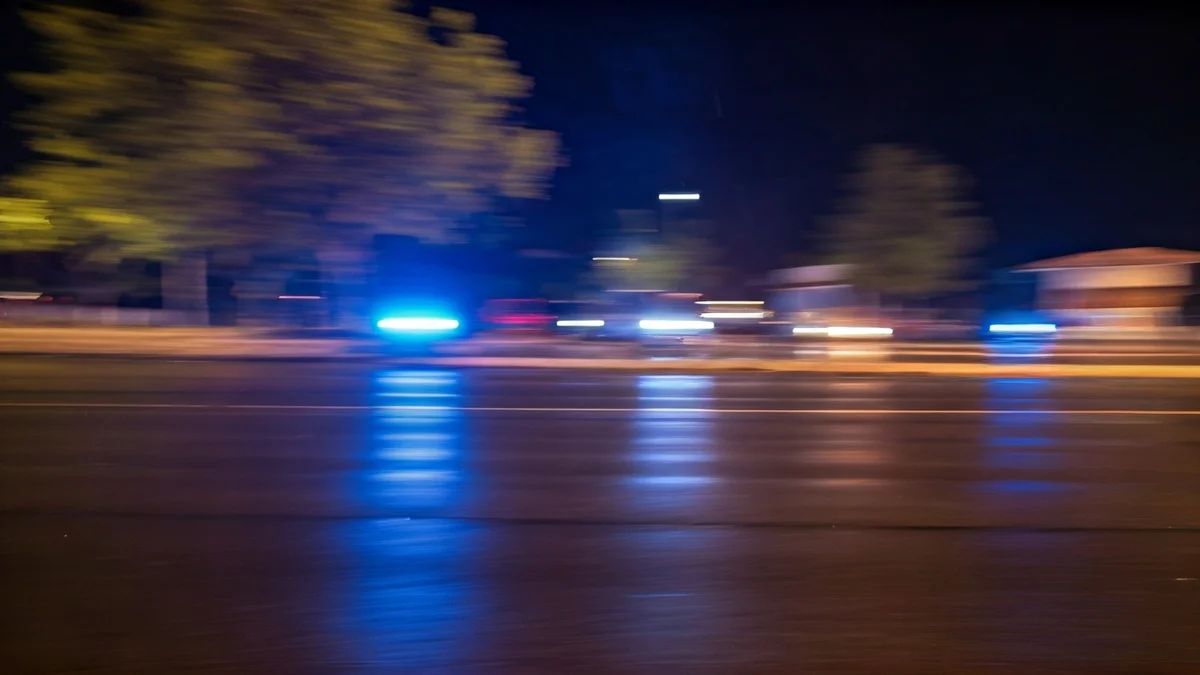 Imagen genérica de luces de emergencia reflejándose sobre asfalto mojado con árboles moviéndose por el viento.