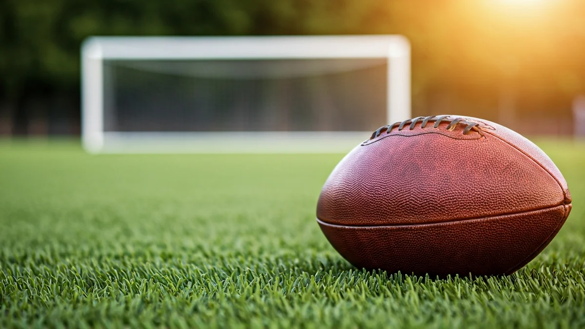 Imatge genèrica d'una pilota de futbol antiga sobre la gespa d'un camp, amb la porteria desenfocada al fons.