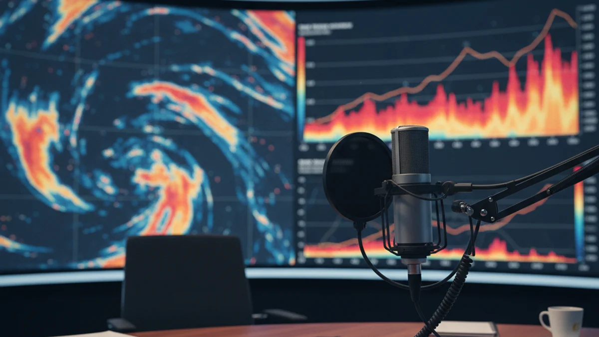 Generic image of a meteorology studio with satellite maps and climate graphs.