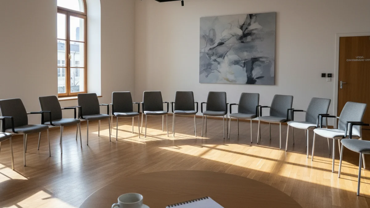 Imatge genèrica d'una sala de reunions preparada per a una trobada veïnal amb una tassa de cafè sobre la taula.
