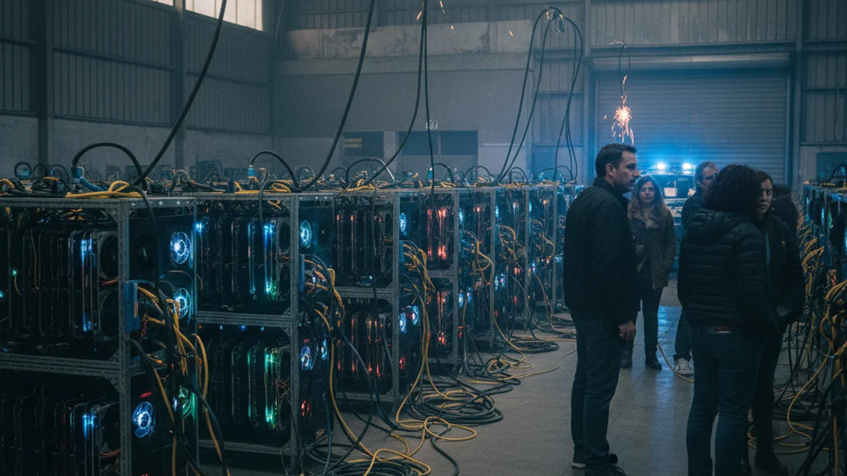 Imatge genèrica de l'interior d'una nau industrial amb equips informàtics per al minat de criptomonedes.