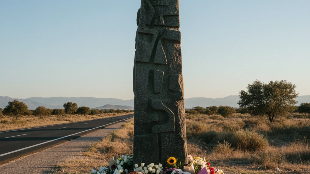 Imagen genérica de un monolito de recuerdo con ramos de flores junto a una autopista.