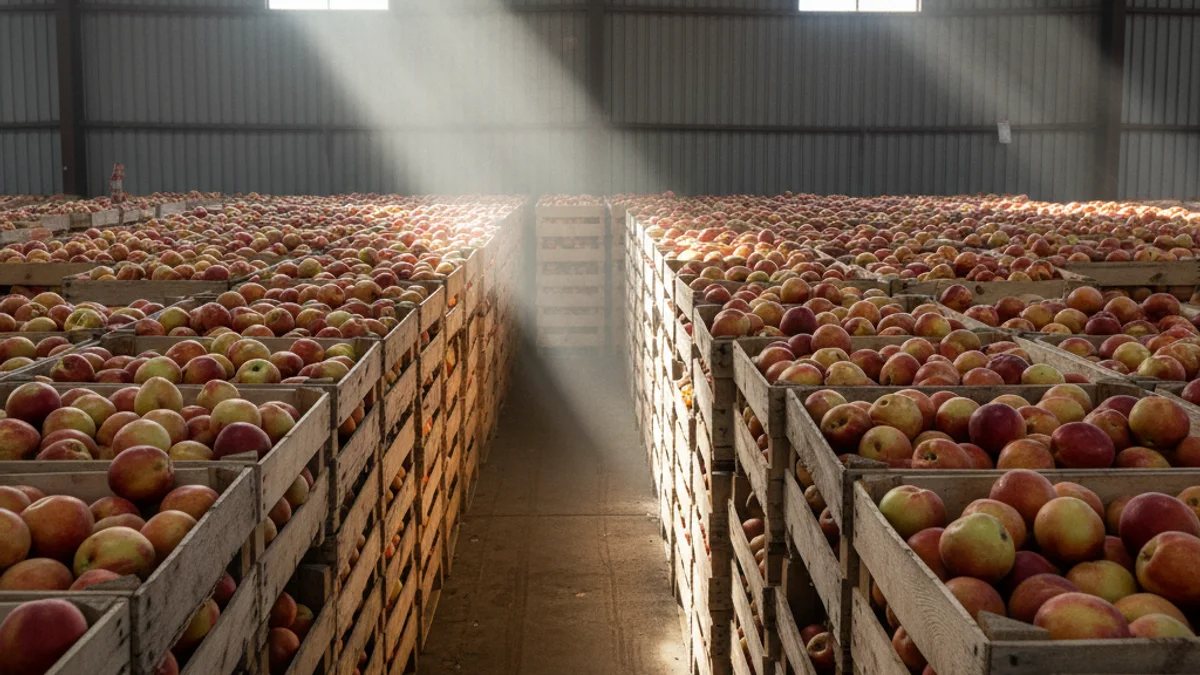 Imatge genèrica de caixes de fruita apilades en un magatzem agrícola.
