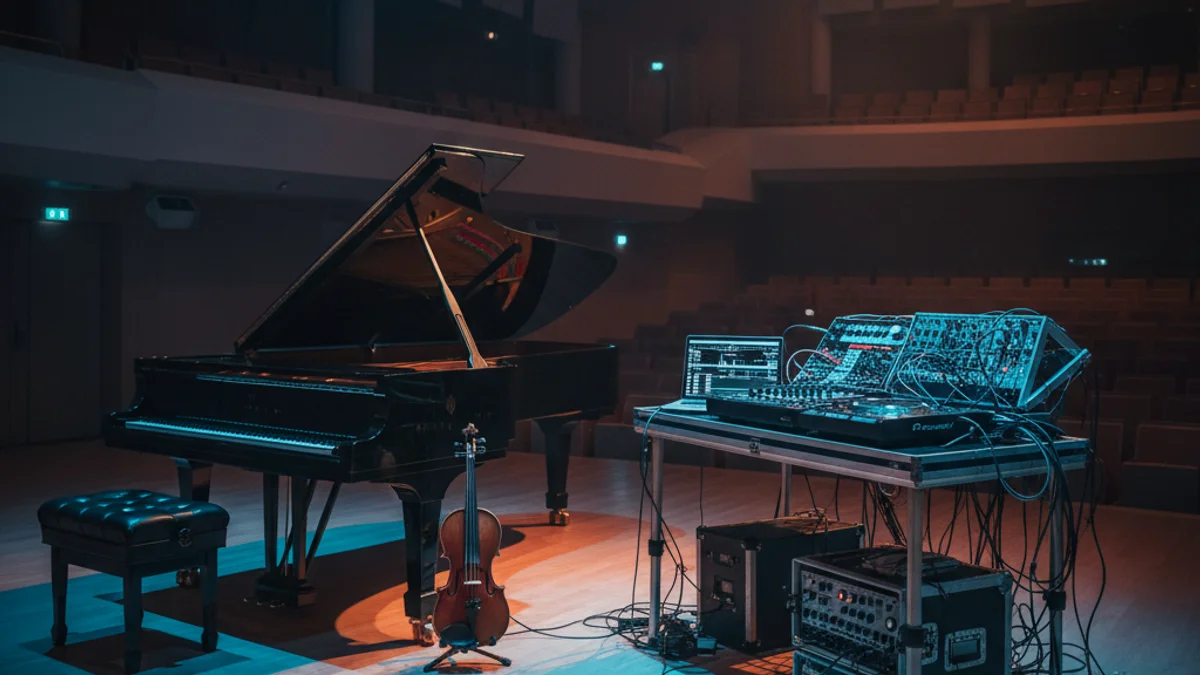 Imatge genèrica d'un escenari on es combina un sintetitzador electrònic amb instruments de música clàssica.