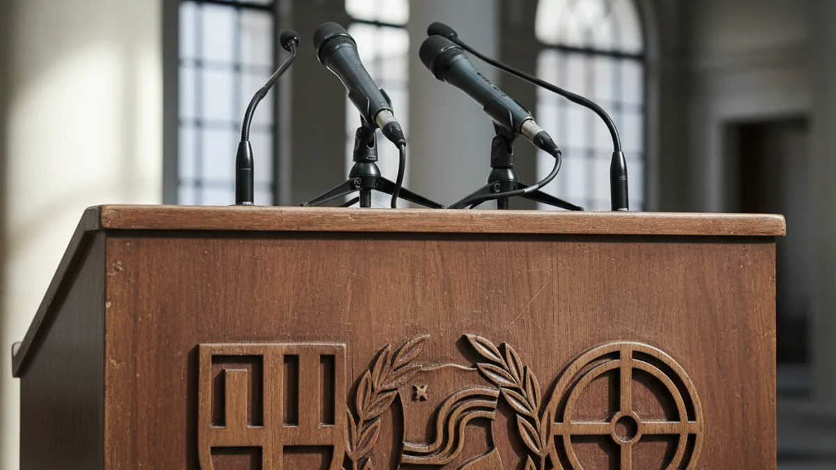 Imagen genérica de un atril con micrófonos en una sala de actos institucional.