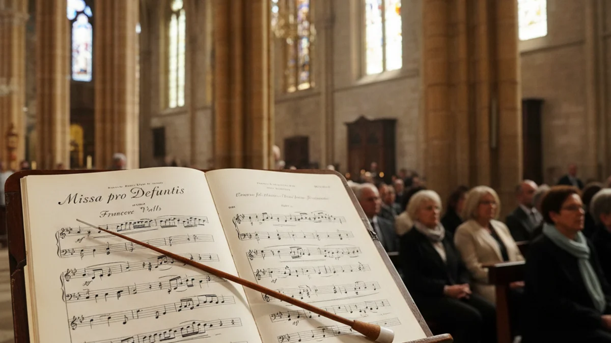 Generic image of a conductor's baton on a musical score inside a church.