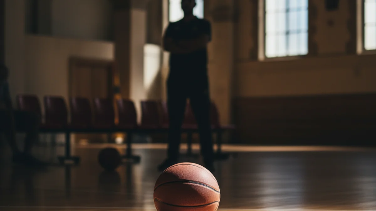 Imagen genérica de un balón de baloncesto sobre el parqué de un pabelló bajo los focos.