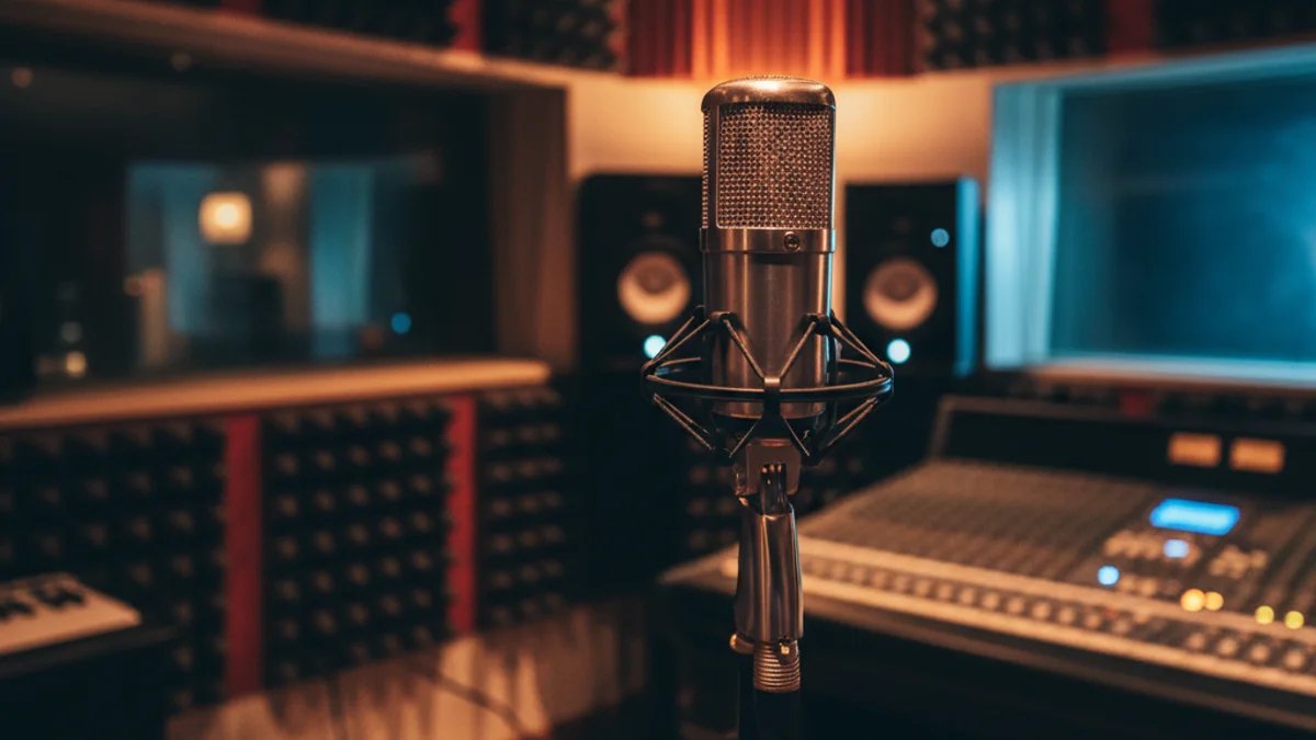Imatge genèrica d'un micròfon en un estudi de gravació musical.