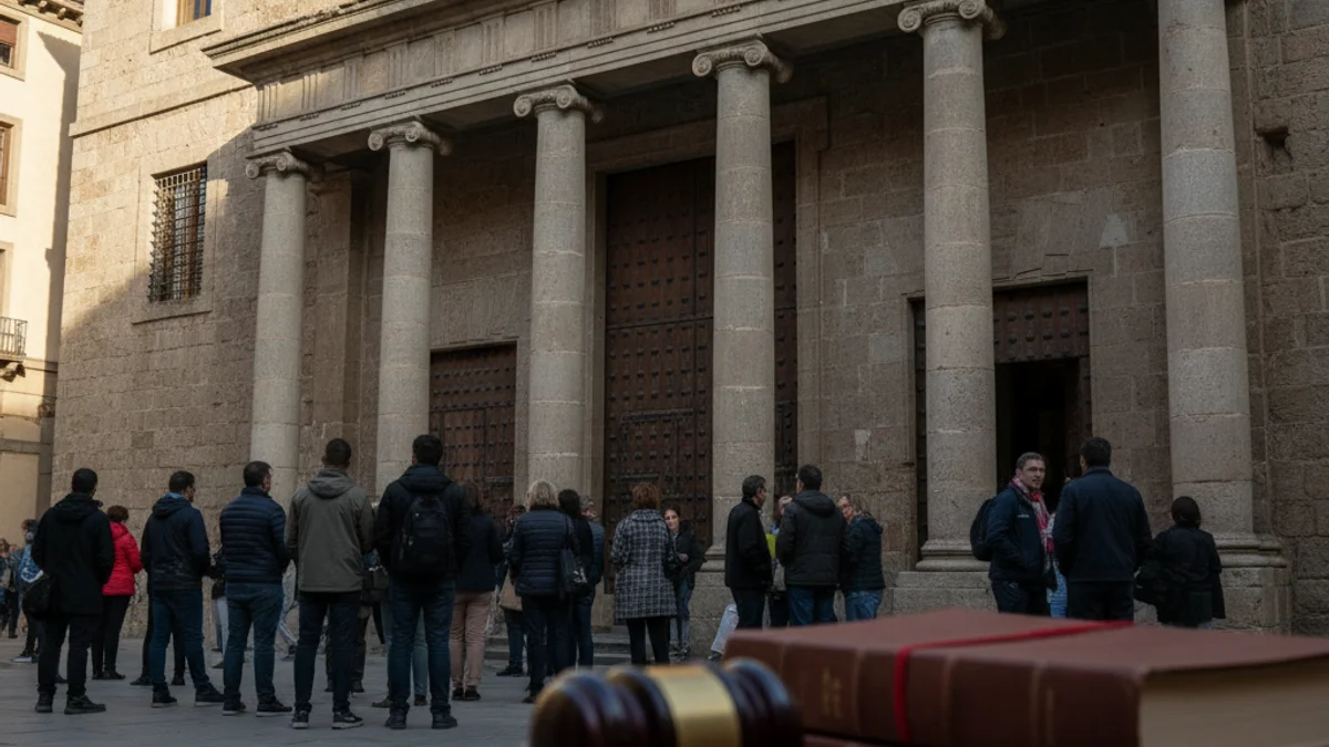 Imatge genèrica de la façana d'un ajuntament amb elements que simbolitzen un procés judicial.