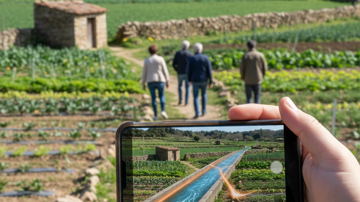 Generic image of a person using augmented reality with a mobile phone in a traditional agricultural setting.