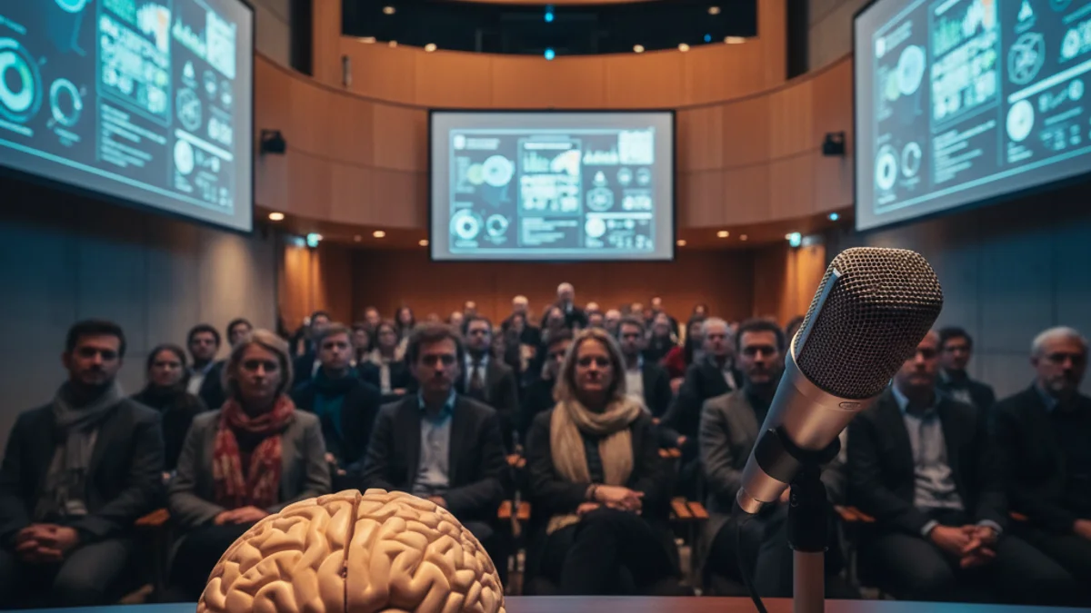 Imagen genérica de un entorno de seminario científico con un modelo de cerebro humano sobre una mesa.