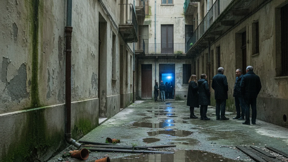 Generic image of an interior courtyard of a building showing signs of poor maintenance and dampness.