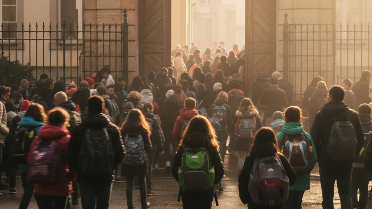 Generic image of a school entrance with families during the enrollment period.