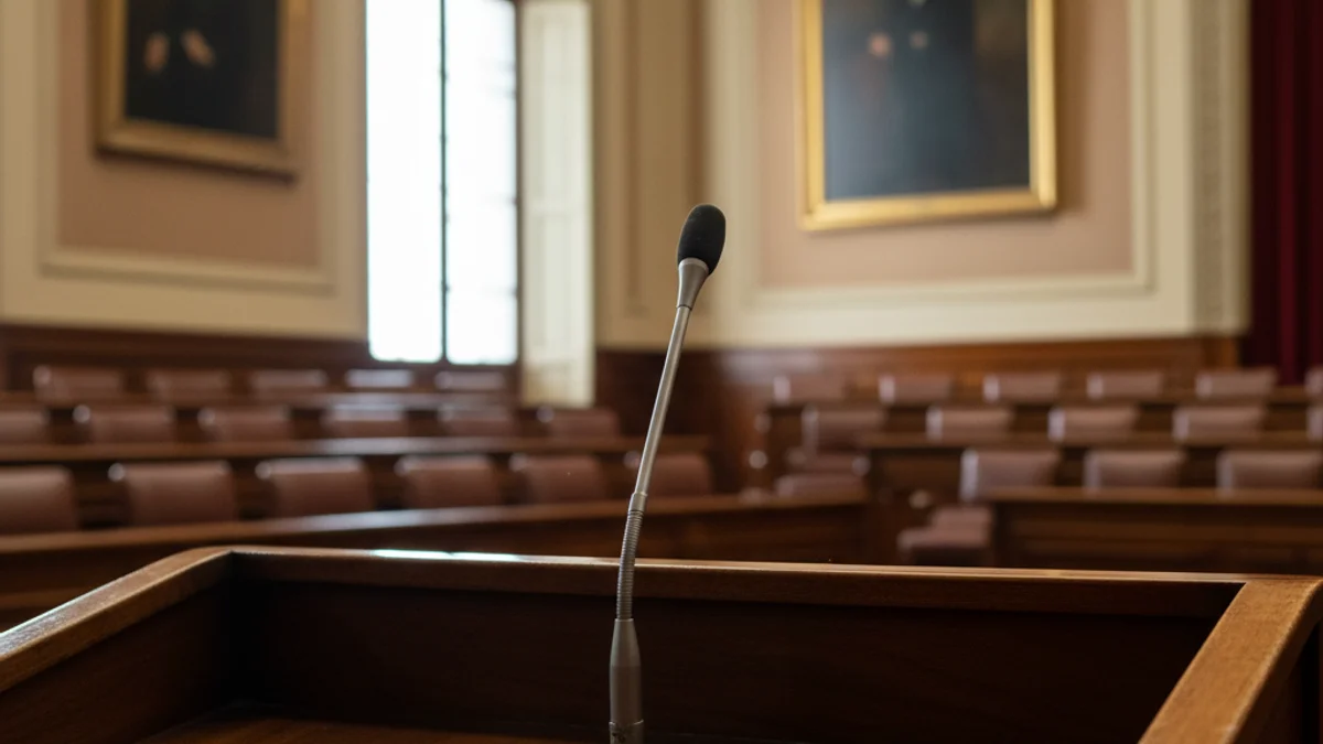 Imatge genèrica de la sala de plens d'un ajuntament amb un micròfon en primer pla.