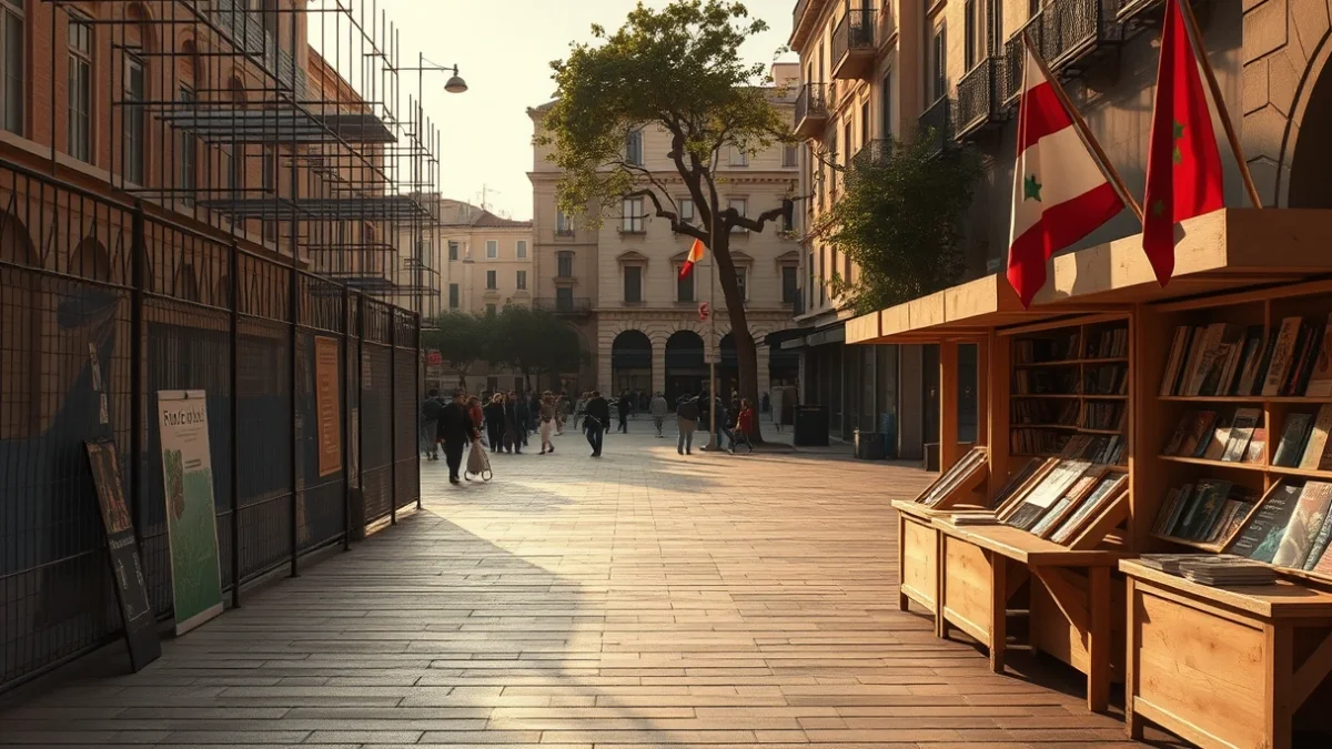 Imatge genèrica d'una plaça urbana amb tanques d'obres i preparatius per a una fira de llibres.