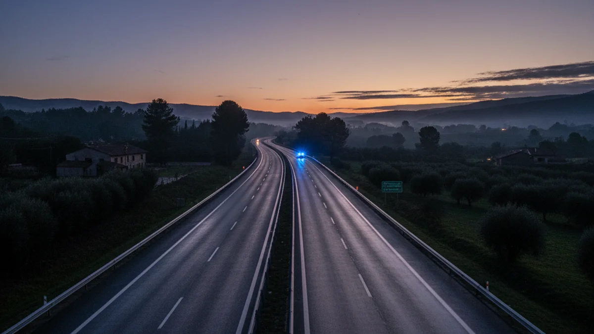 Imagen genérica de una carretera interurbana durante el atardecer con luces de emergencia difuminadas al fondo.