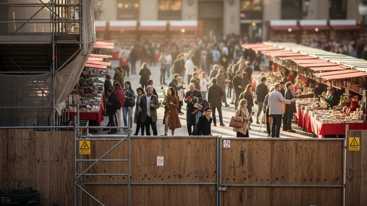 Imatge genèrica d'unes obres de pavimentació en una plaça cèntrica amb l'ambient de Sant Jordi al fons.