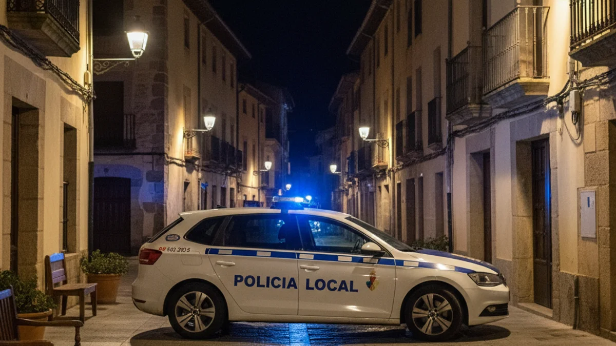 Imatge genèrica d'un vehicle de la policia local patrullant de nit per un carrer tranquil.
