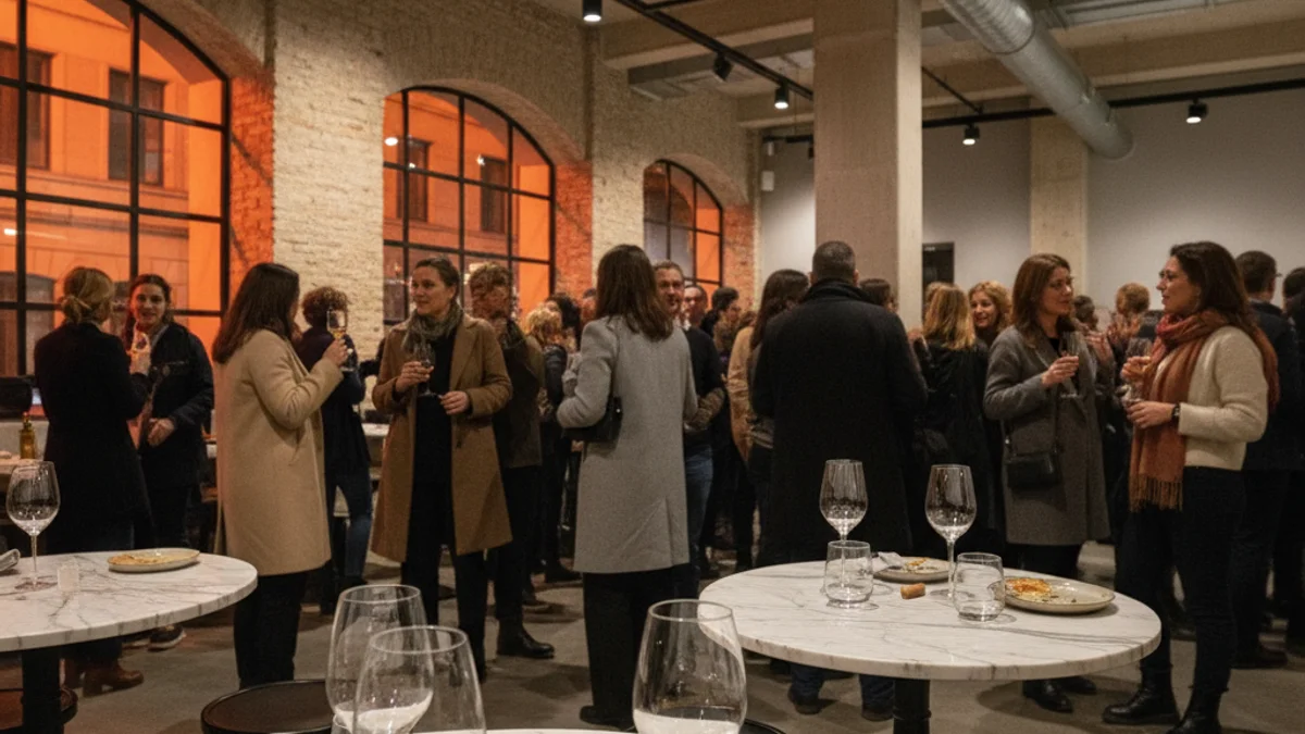 Generic image of a restaurant interior with industrial aesthetics and marble tables.
