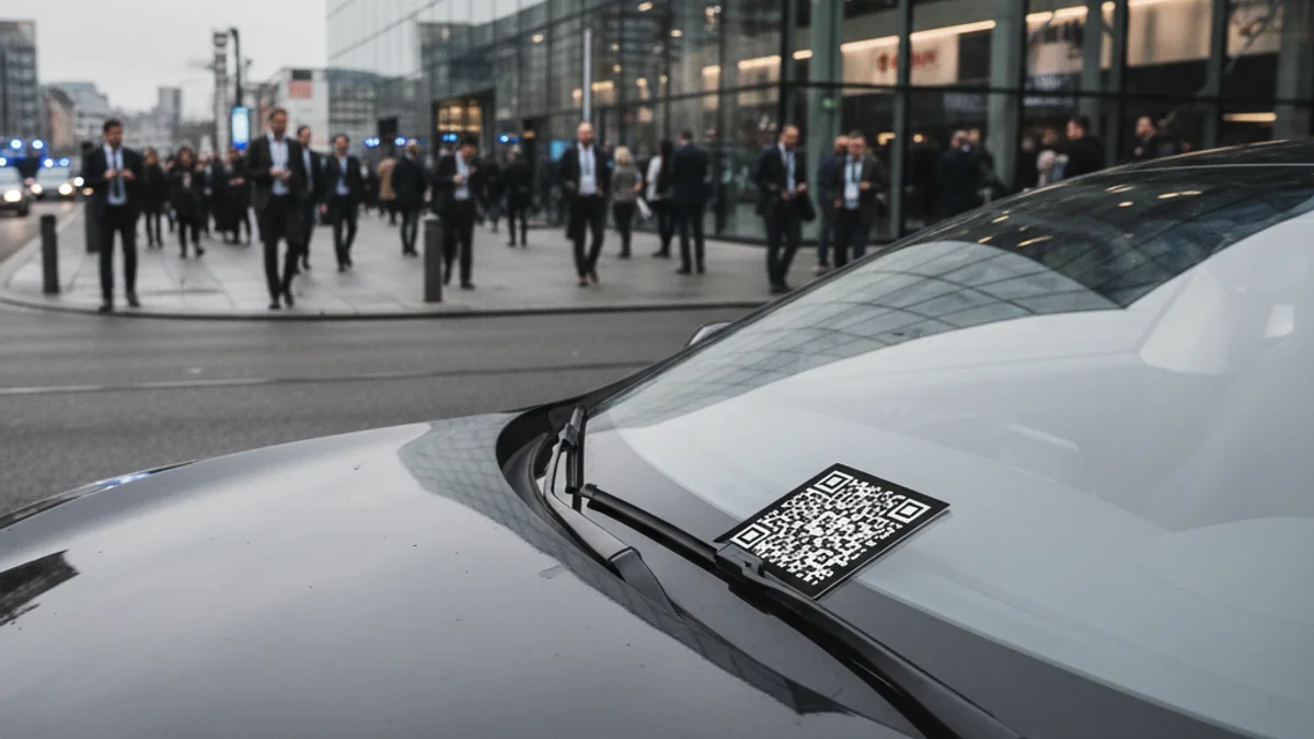 Imatge genèrica d'una targeta de publicitat en el parabrisa d'un cotxe de luxe davant d'un centre de congressos.