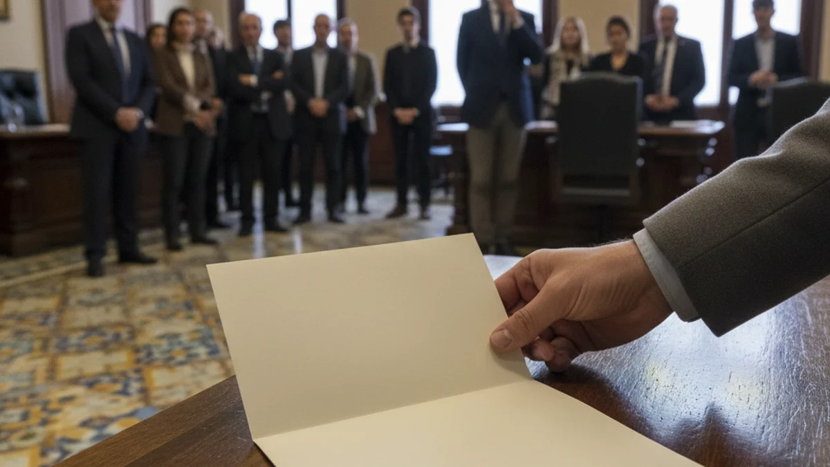 Imatge genèrica d'una persona lliurant una carta de renúncia en un despatx oficial.