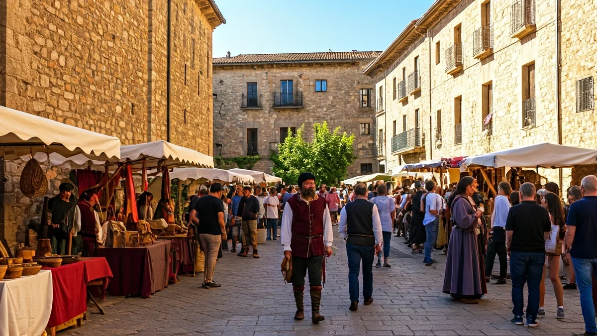 Imatge genèrica d'un mercat medieval amb artesans i gent vestida d'època en un poble històric.