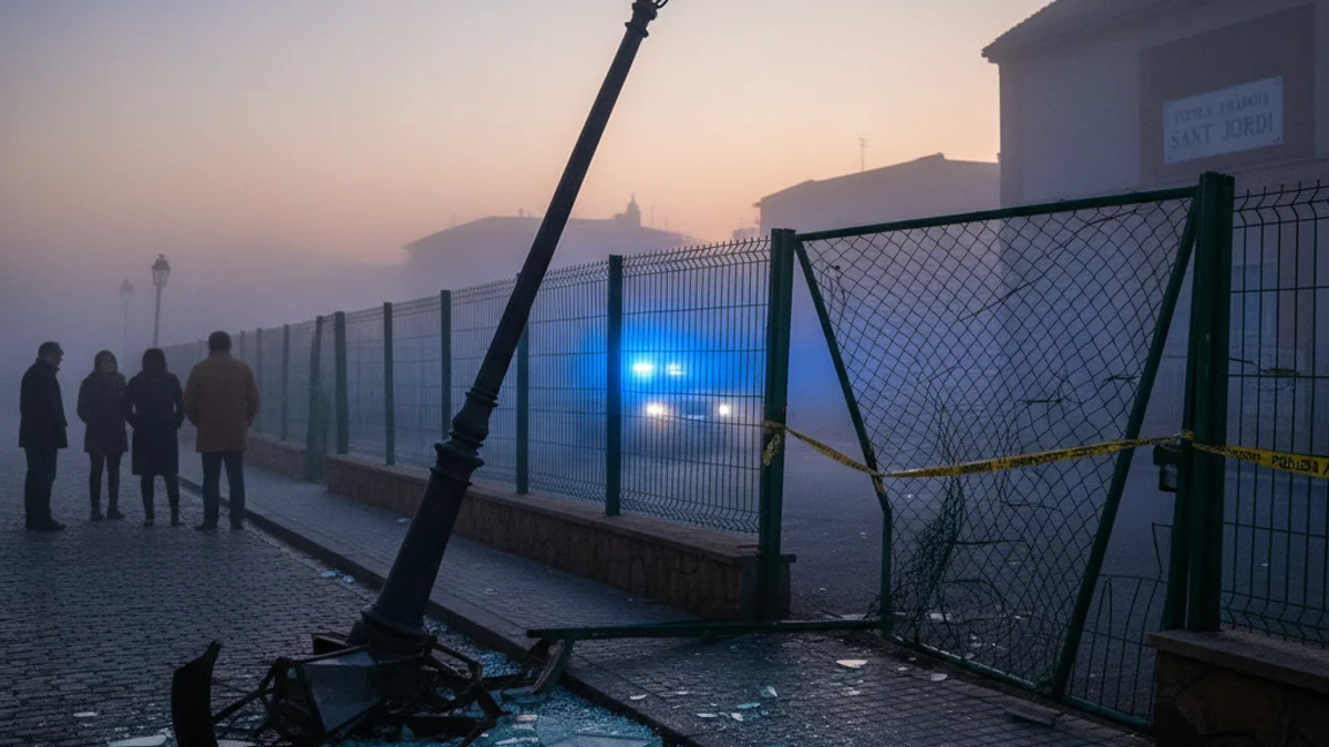Imagen genérica de una calle con una farola dañada y restos de un accidente de tráfico.
