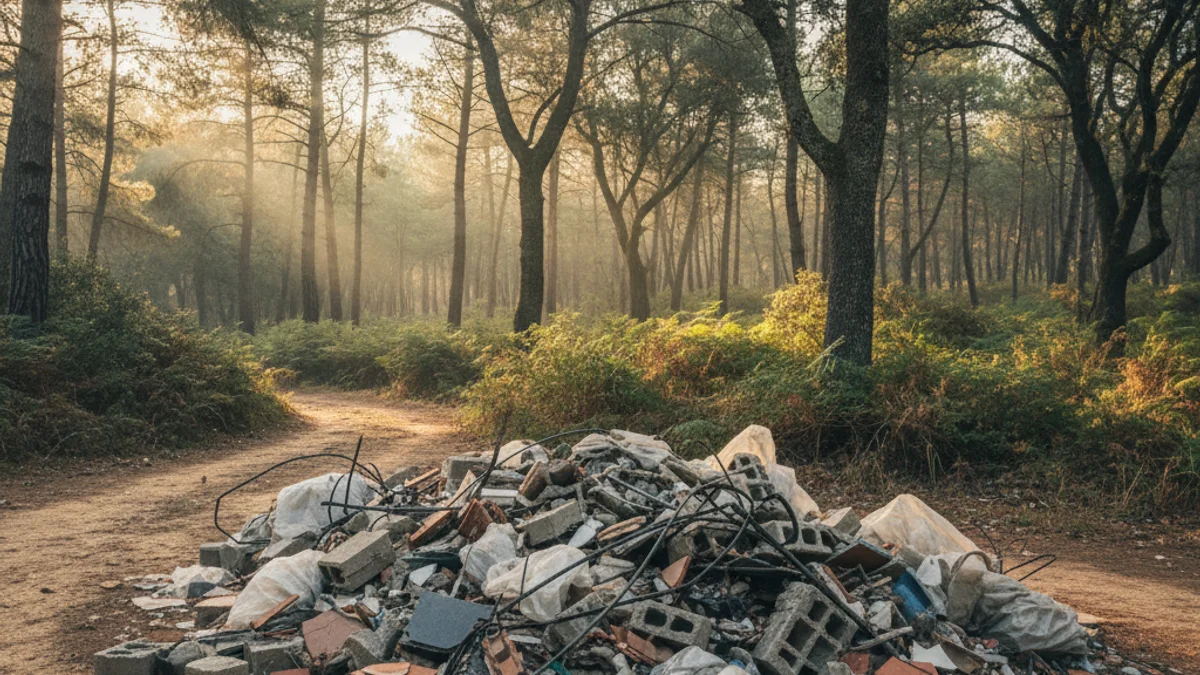 Generic image of construction debris and rubble dumped illegally on a forest path.
