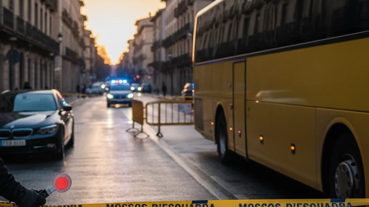 Imatge genèrica d'un control policial de trànsit amb llums d'emergència i un transport escolar.