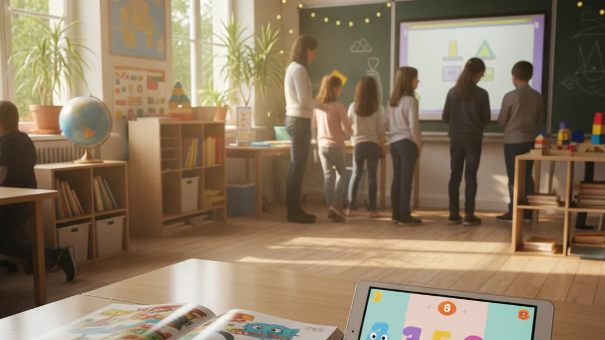 Imatge genèrica d'un llibre i una tauleta digital en un entorn educatiu per a infants.