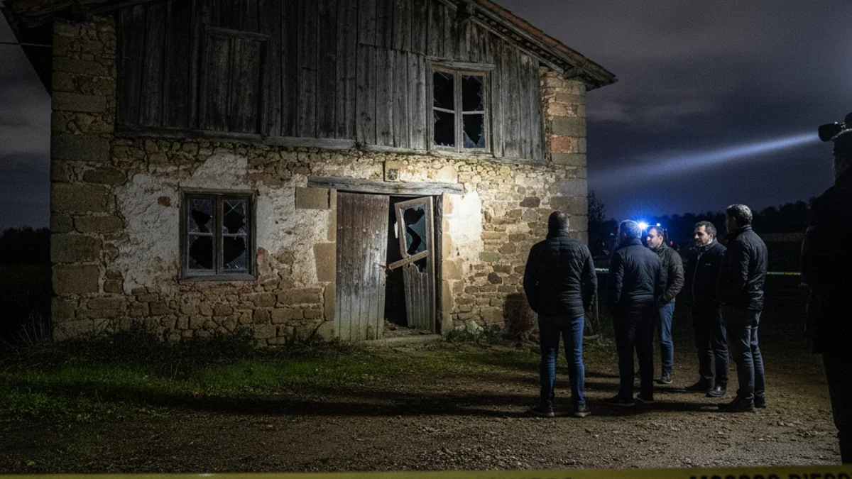 Generic image of a rural area with police emergency lights in the distance.