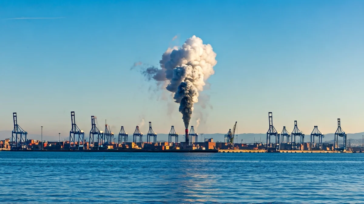 Imagen genérica de una columna de humo elevándose desde una zona portuaria con contenedores.